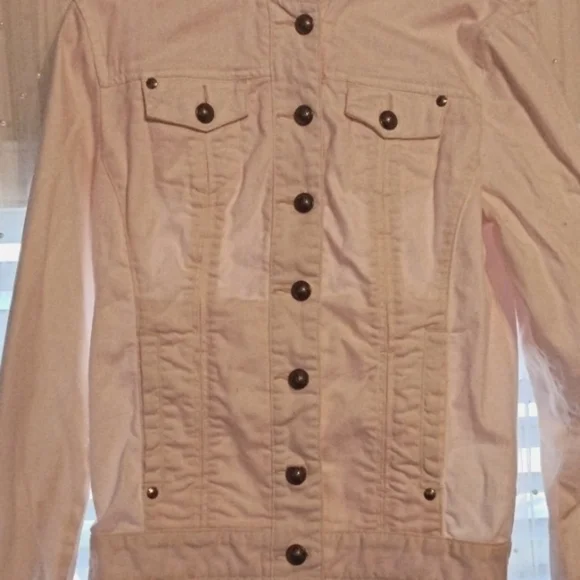 Chico's Woman's Pale Pink Ruffled Sleeves Jean Jacket, Size: 0 - Picture 7 of 9